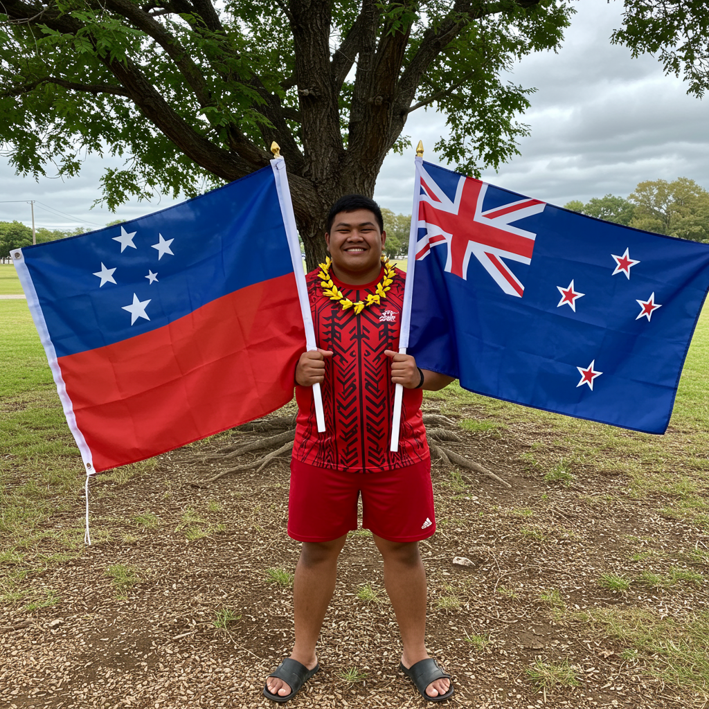 Samoa andf NZ flg holding a samoan